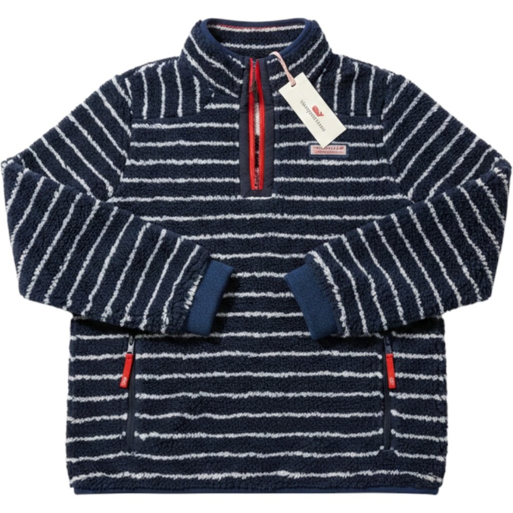 Vineyard Vines Break Stripe Sherpa Supershep Quarter Zip Navy‎ L 14 NWT